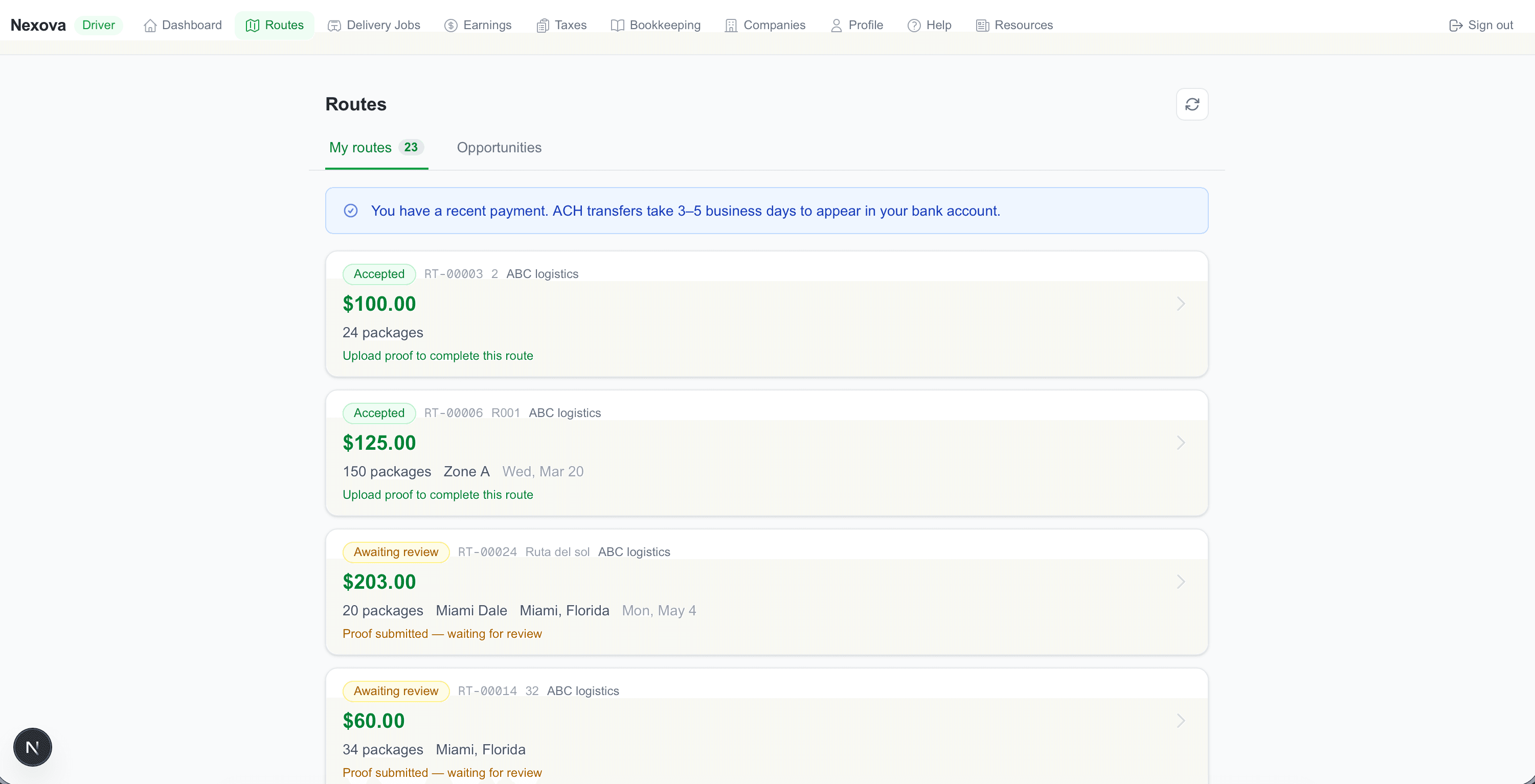 ๐บ Routes โ track status, earnings, and ACH payment notice